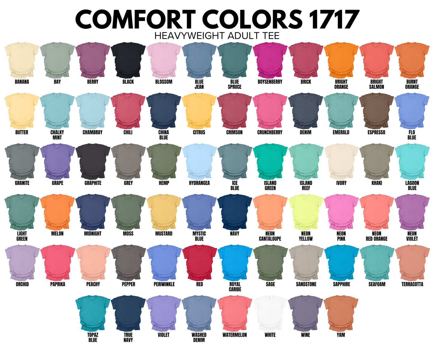 Color chart for Comfort Colors 1717 heavyweight adult t-shirts with various colors.